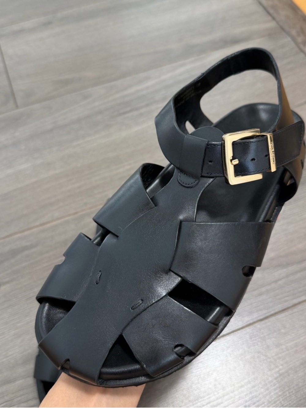 John Lewis Black Leather Fisherman Sandals with Gold Buckle - Picture 2 of 10
